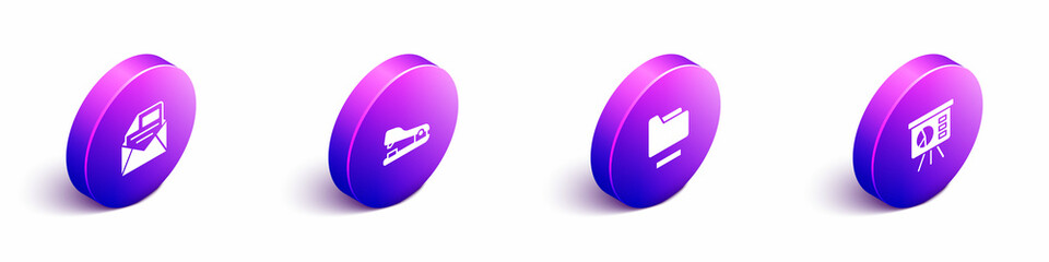 Poster - Set Isometric Mail and e-mail, Stapler, Document folder and Board with graph icon. Vector