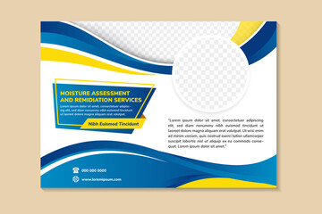 Poster - flyer template design with headline is moisture assessment and remidiation services. space of photo  and text. Advertising banner with horizontal layout. yellow blue wave element in white background