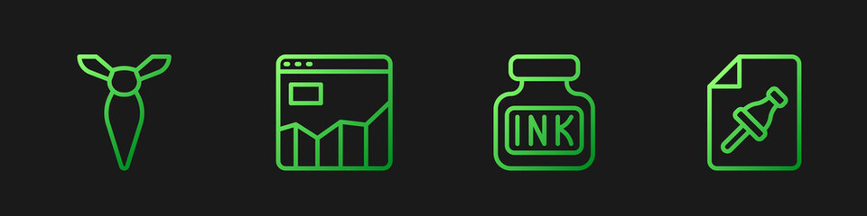 Poster - Set line Inkwell, Tie, Graph chart infographic and Note paper with push button. Gradient color icons. Vector