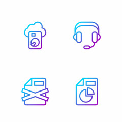 Poster - Set line Document with graph chart, Delete file document, Cloud database and Headphones. Gradient color icons. Vector