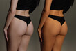 Tan on the butt and hips of a woman after applying suntan lotion, eco tan. Collage before and after. Beautiful smooth skin of a female in black bikini