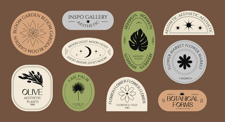 Collection of elegant stickers badges and logos for beauty, organic products, flowers, stars, plants, botany, weddings. stickers for packaging. Vector illustration for web design, marketing materials