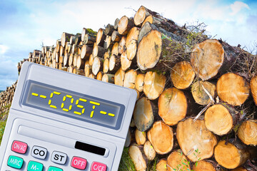 Frontal view of a wooden trunks stacked on one another - Log trunks pile - timber wood industry - Costs concept with calculator