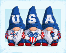Cute Gnomes In 4th Of July Disguise With USA Word In There Hats Holding Pinwheel Heart And Fireworks