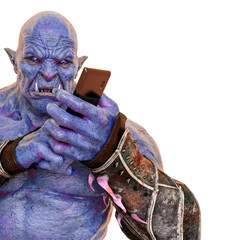 hand of a green orc holding a cell phone in a white background