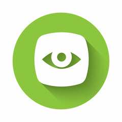 Sticker - White Security camera icon isolated with long shadow. Green circle button. Vector