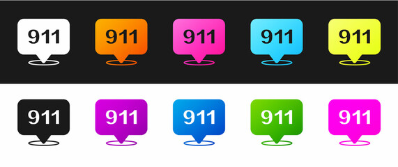 Sticker - Set Telephone with emergency call 911 icon isolated on black and white background. Police, ambulance, fire department, call, phone. Vector