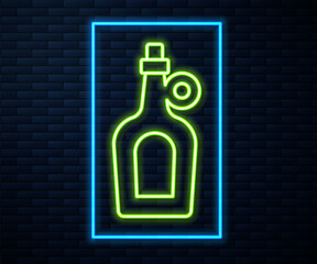 Wall Mural - Glowing neon line Bottle of maple syrup icon isolated on brick wall background. Vector