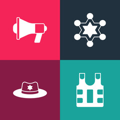 Poster - Set pop art Bulletproof vest, Sheriff hat with badge, Hexagram sheriff and Megaphone icon. Vector