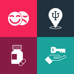 Poster - Set pop art Solution to the problem, Sedative pills, Psychology, Psi and Comedy and tragedy masks icon. Vector