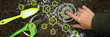 Farmer hand touch Green technologies agriculture digital mineral nutrients icon. Potassium nitrogen Organic fertilizers, garden tools soil. Smart Solve Fertilizer Crisis. Top view Future agriculture