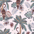 Tropical vector seamless pattern. Tiger, palm trees, green leaves, monstera, exotic flowers summer texture