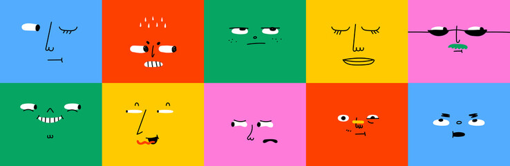 Wall Mural - diverse people face doing funny mood expression and emotion. colorful avatar design set, modern flat