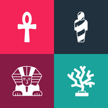 Set Pop Art Coral, Sphinx, Egypt Mummy And Cross Ankh Icon. Vector