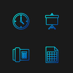 Poster - Set line File document, Telephone, Clock and Chalkboard with diagram. Gradient color icons. Vector