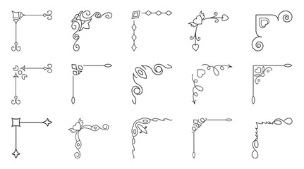 Poster - Corners vintage set with decorative curls. Dihedral limiter for text decoration. Abstract decor linear icon collection vintage floral decoration. Simple monogram black contour symbol isolated.