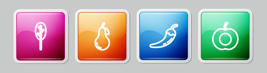 Sticker - Set line Spinach, Pear, Hot chili pepper pod and Peach fruit. Colorful square button. Vector