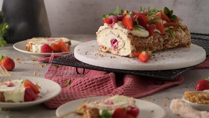 Poster - Meringue roll cake with cream, raspberries. Roulade, summer dessert served in ceramic plate.