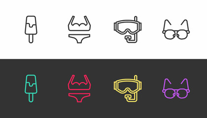 Sticker - Set line Ice cream, Swimsuit, Diving mask and Glasses on black and white. Vector