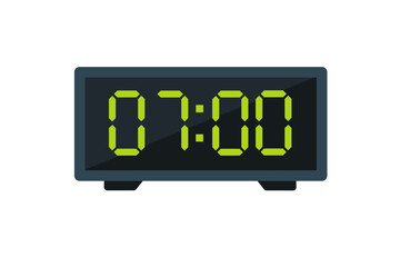 Vector flat illustration of a digital clock displaying 07.00 . Illustration of alarm with digital number design. Clock icon for hour, watch, alarm signs.