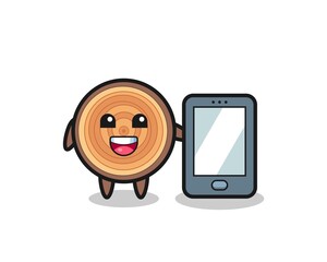 Canvas Print - wood grain illustration cartoon holding a smartphone