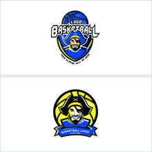 Badge Basketball Logo Set With Symbol Pirate Face Character And Ball Combination Mark Vector Illustration