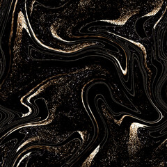 Poster - Luxury glossy wallpaper. Golden noise texture with wavy lines, seamless background. Liquid fluid pattern. Mixing of colors with black and golden glitter. Illustration