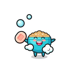 Wall Mural - cereal bowl character is bathing while holding soap