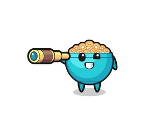 Canvas Print - cute cereal bowl character is holding an old telescope