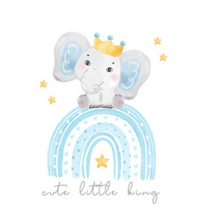 Wall Mural - cute baby boy elephant sitting on blue rainbow, baby shower birthday animal watercolor hand drawn ve