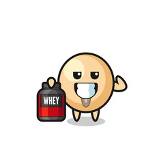 Poster - the muscular soy bean character is holding a protein supplement