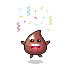 Poster - happy choco chip mascot jumping for congratulation with colour confetti