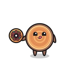 Wall Mural - illustration of an wood grain character eating a doughnut