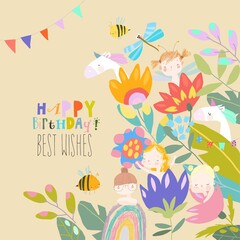  Cartoon Birthday Card with Summer Flowers, Cute Fairies and Unicorns