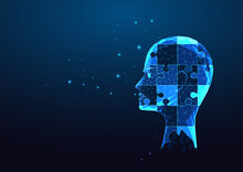 Futuristic Mental Health, Psychology Concept With Glowing Human Head And Jigsaw Puzzles On Blue 