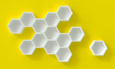 Poster - Volumetric hexagons on a yellow background as a template for infographics.
