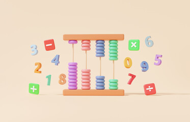 Abacus colorful with symbols math, plus, minus, multiplication, on cream pastel background, arithmetic game learn counting number concept, finance education, banner, 3d render illustration