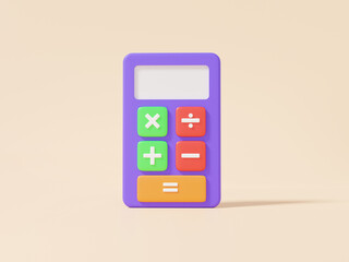 Poster - Purple calculator icon on cream pastel background, calculation math number, business financial graph economics analytics. Cost reduction saving learning education concept. 3d render illustration