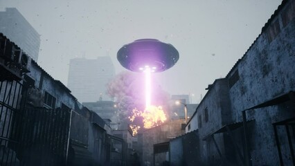 Poster - an alien invader ship destroys a city with a powerful laser. apocalyptic alien invasion atmosphere. 