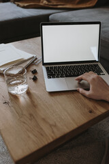 Wall Mural - Person hands working on laptop computer with blank mockup copy space screen. Aesthetic home office workspace. Work at home. Glass of water, stationery