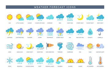 Wall Mural - weather icons. weather forecast icon collection. 50 colorful icons with the most common indications 
