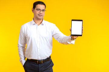 Poster - Tablet mock up. Tablet template in hands businessman. Man demonstrates mobile gadget. Tablet computer with white screen. Gadget to showcase website or application. Template for business advertising