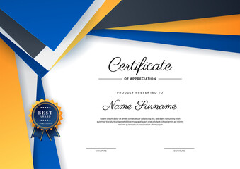 Modern elegant blue orange and black diploma certificate template. Certificate of achievement border template with luxury badge and modern line pattern. For award, business, and education needs