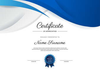 Modern elegant blue and black diploma certificate template. Certificate of achievement border template with luxury badge and modern line pattern. For award, business, and education needs