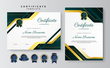 Green and gold certificate of achievement border template with luxury badge and modern line pattern. For award, business, and education needs