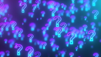 Poster - Glowing question marks. Computer generated 3d render