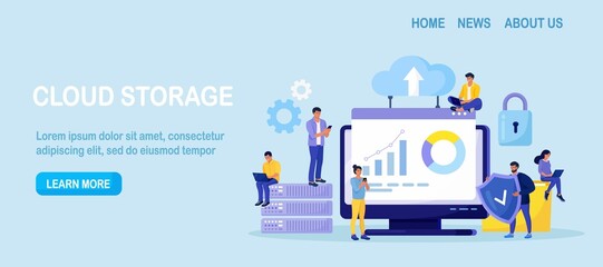 IT specialists administrate cloud service, data storage. Hosting platform. Big data processing, transferring. Online computing technology. Software solutions to share informations on digital network. 
