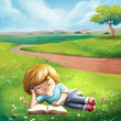 Illustration of a boy lying down reading a book in the field
