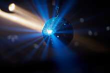 Disco Ball. Disco Ball Background Close Up. Party Disco Mirror Ball Reflecting Blue Color Lights 