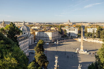 Wall Mural - Cityscape of Rome city on a sunny morning. Top view on Piazza del Popolo from Borghese park. Skyline of italian city